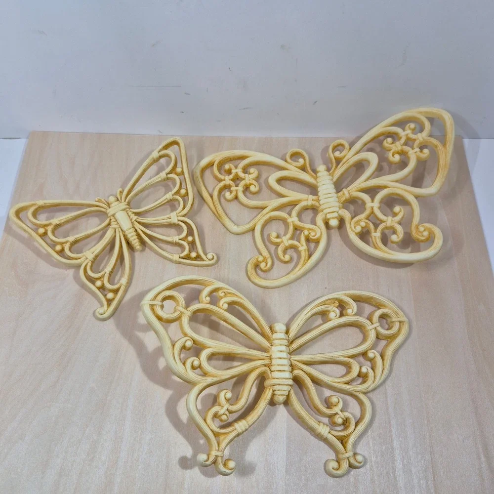 Set of 3 Cream Ornate Butterfly‎ Wall Decor Sculpture Art Vintage Retro